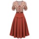 2PCS Orange Red  Striped Blouse & Pleated Skirt