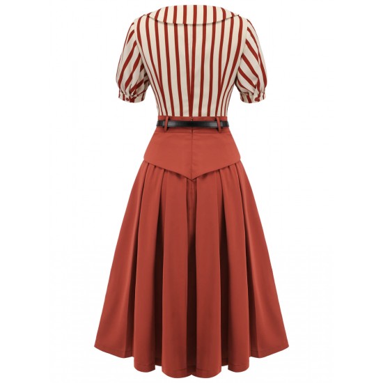 2PCS Orange Red  Striped Blouse & Pleated Skirt