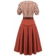 2PCS Orange Red  Striped Blouse & Pleated Skirt