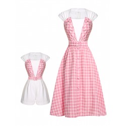 2PCS  Pink Plaid Skrit & Romper With Belt