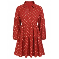 Plus Size Red  Lapel Plaid Dress