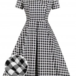 Plus Size Black&White  Off-shoulder Gingham Plaid Dress