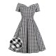 Plus Size Black&White  Off-shoulder Gingham Plaid Dress