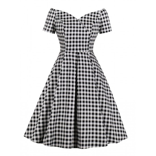 Plus Size Black&White  Off-shoulder Gingham Plaid Dress