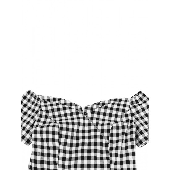 Plus Size Black&White  Off-shoulder Gingham Plaid Dress