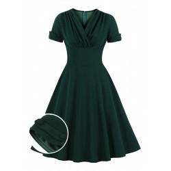 Plus Size Dark Green  V-Neck Solid Swing Dress