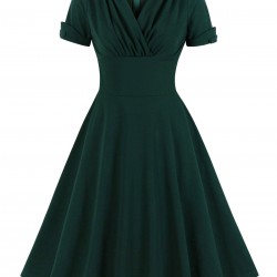 Plus Size Dark Green  V-Neck Solid Swing Dress