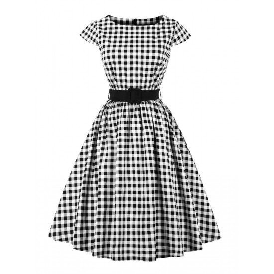 Plus Size Black  Gingham Plaid Belted Swing Dress