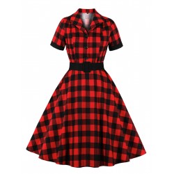 Plus Size Red & Black  Plaid Lapel Dress With Belt