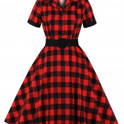 Plus Size Red & Black  Plaid Lapel Dress With Belt