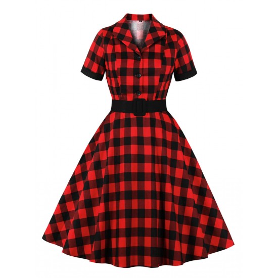 Plus Size Red & Black  Plaid Lapel Dress With Belt