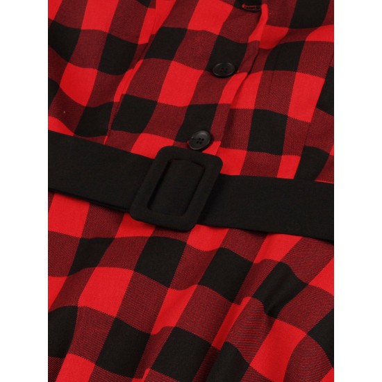 Plus Size Red & Black  Plaid Lapel Dress With Belt