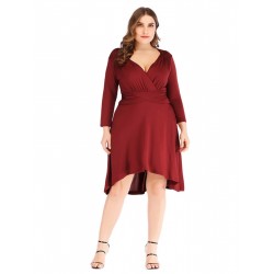 Plus Size  Solid Pleated Long Sleeved Dress