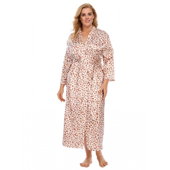 Plus Size  Leopard Wrap Lace-Up Pajama Robe