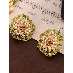 Green Rhinestone Pearl Flower Ear Studs