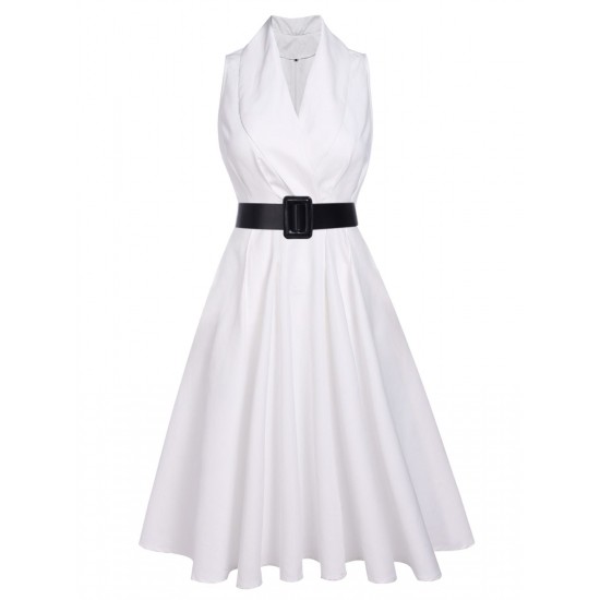 White  Halter Belted Swing Dress