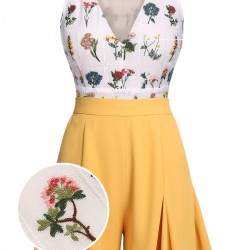 2PCS Yellow  Embroidery Top & Pockets Shorts