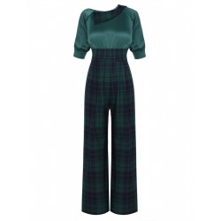 Pre-Sale Green  Plaid Patchwork Puff Jumpsuit