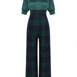 Pre-Sale Green  Plaid Patchwork Puff Jumpsuit