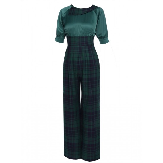 Pre-Sale Green  Plaid Patchwork Puff Jumpsuit