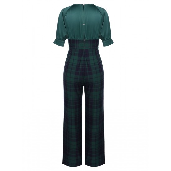 Pre-Sale Green  Plaid Patchwork Puff Jumpsuit