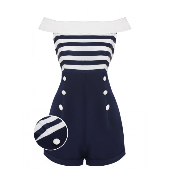 Navy Blue  Patchwork Off-shoulder Striped Romper