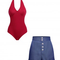 2PCS Red  Bodysuit & Denim Blue Buttons Shorts