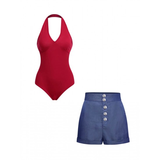 2PCS Red  Bodysuit & Denim Blue Buttons Shorts