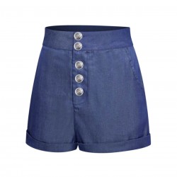 Denim Blue  Solid Buttons Shorts