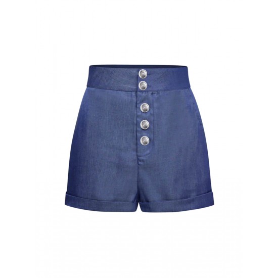 Denim Blue  Solid Buttons Shorts