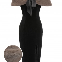 2PCS Black  Solid Dress & Plush Cape