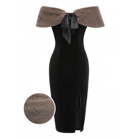 2PCS Black  Solid Dress & Plush Cape