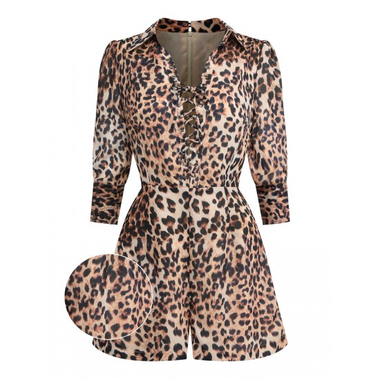 2PCS  Leopard Lapel Romper & Khaki Skirt