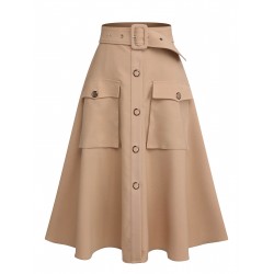 Khaki  Big Pockets Button Skirt