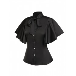 2PCS  Black Solid Blouse & Suspender Skirt