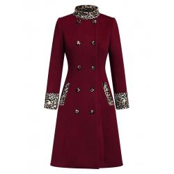 Wine Red  Leopard Patchwork Button Coat