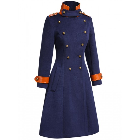 Navy Blue  Patchwork Button Coat