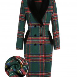 Green  Plaid Fur Collar Pencil Coat