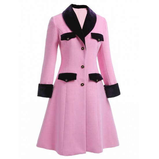 Pink  Velvet Patchwork Button Coat