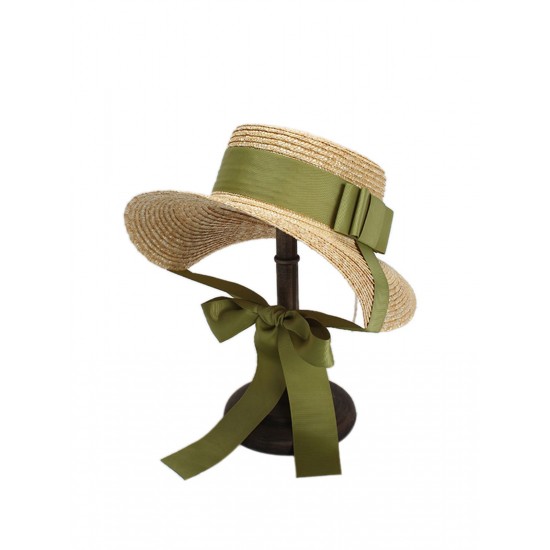  Green Ribbon Raffia Sun Hat