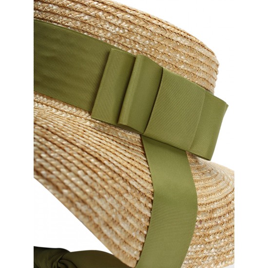  Green Ribbon Raffia Sun Hat