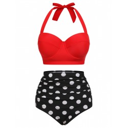 2PCS Red  Dots Halter Swimsuit