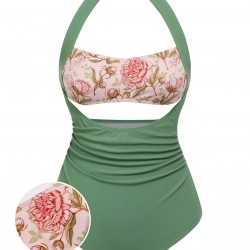 Green  Peony Halter One-Piece Swimsuit