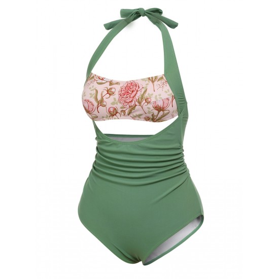 Green  Peony Halter One-Piece Swimsuit