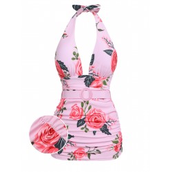 Pink  Roses Halter Belt Swimsuit