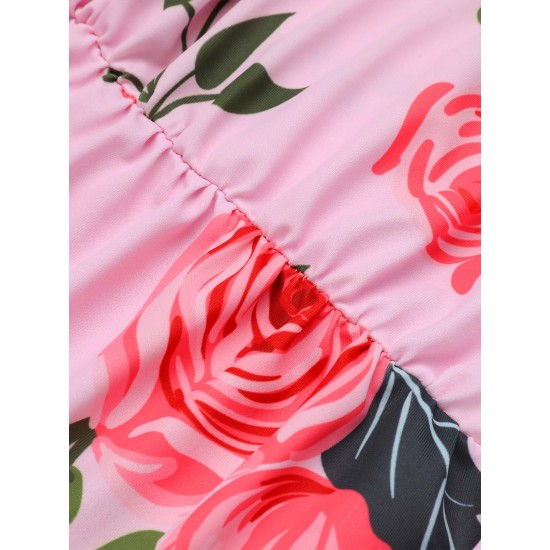 Pink  Roses Halter Belt Swimsuit