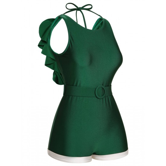 Green  Sleeveless Backless Halter Swimsuit