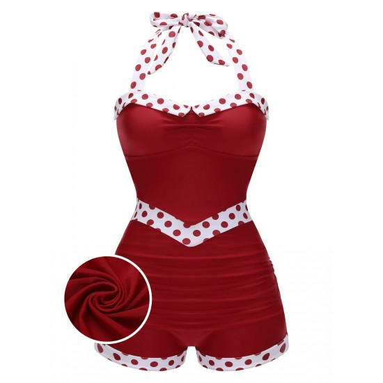 Red  Halter Patchwork One-piece Swimsuit