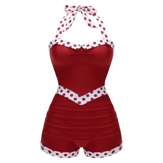 Red  Halter Patchwork One-piece Swimsuit