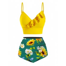 2PCS Yellow  Sunflower Ruffles V-Neck Swimsuit